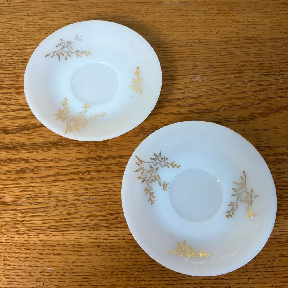 Fire King Golden Bamboo Milk Glass Saucers Set of 2 White Gold Vintage